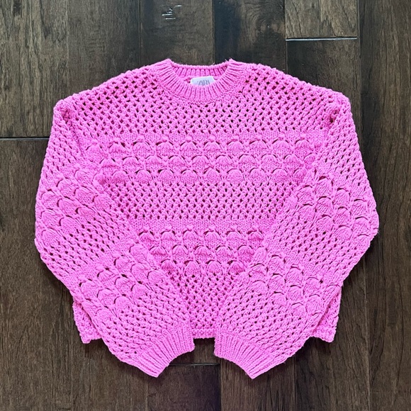 Zara Girls Bright Pink kids Open Knit cropped Crewneck Sweater 10/12 13/14 - Picture 3 of 17